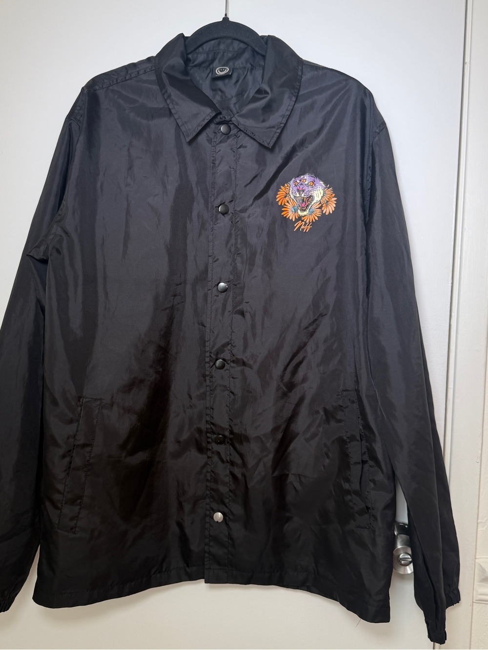 Heff Black Men's Coach Jacket with Embroidered Tiger Accent XL